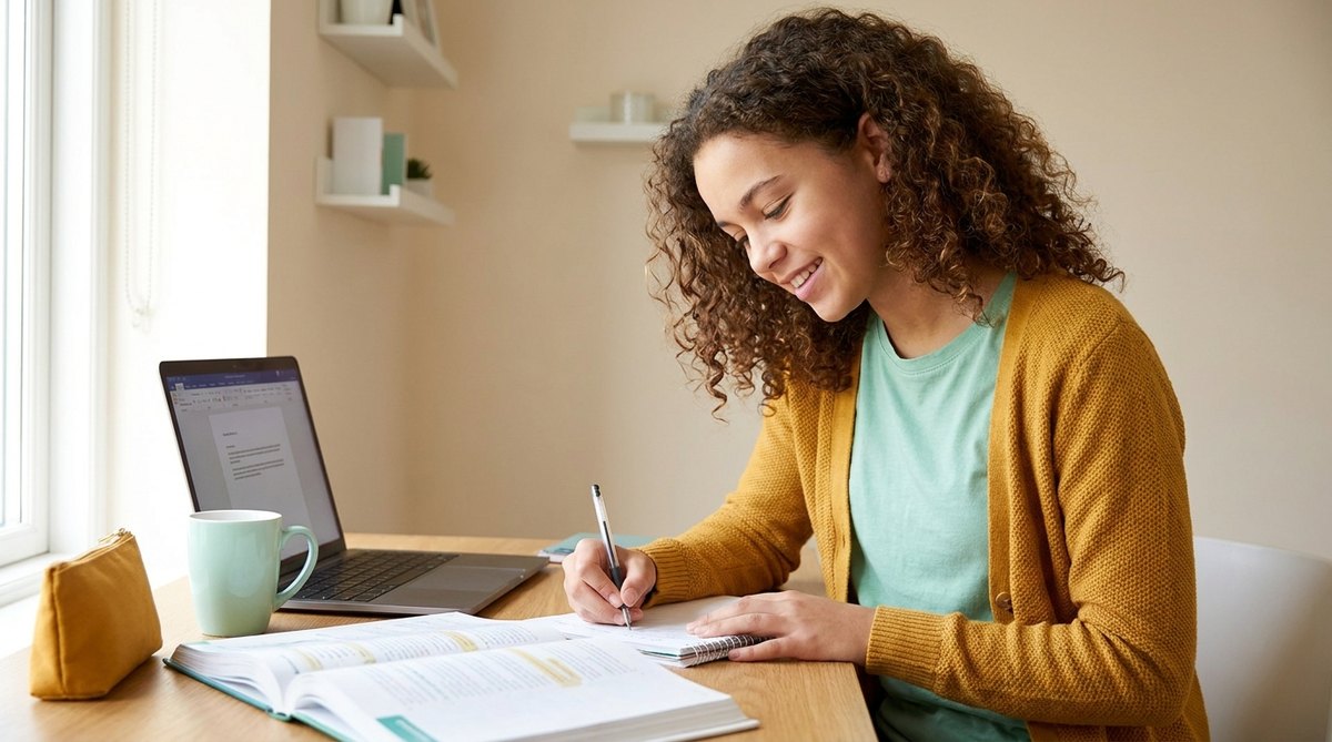 Schülerin lernt konzentriert mit Büchern und Laptop
