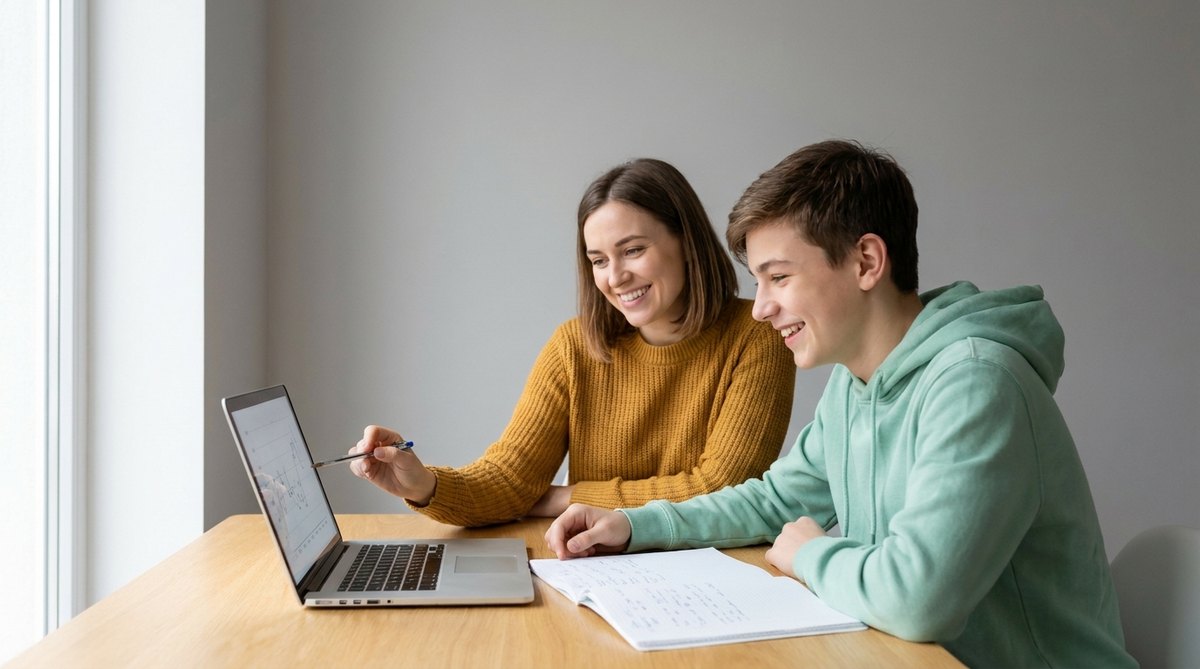Coach erklärt einem Schüler den Lernstoff am Laptop